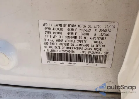 2006 Acura Tsx from USA, damaged, VIN JH4CL96826C009486